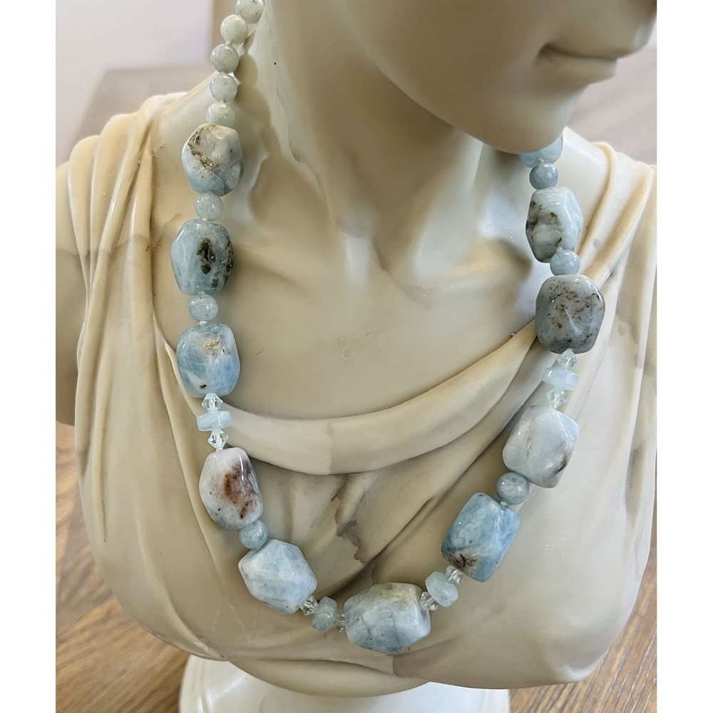 Vintage Natural Aquamarine/Amazonite Nugget Beaded Necklace Gemstone Artisan 18"